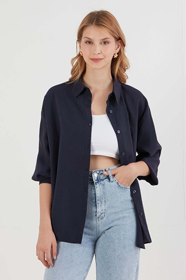 Teddy Bear Embroidered Long Sleeve Oversize Modal Shirt