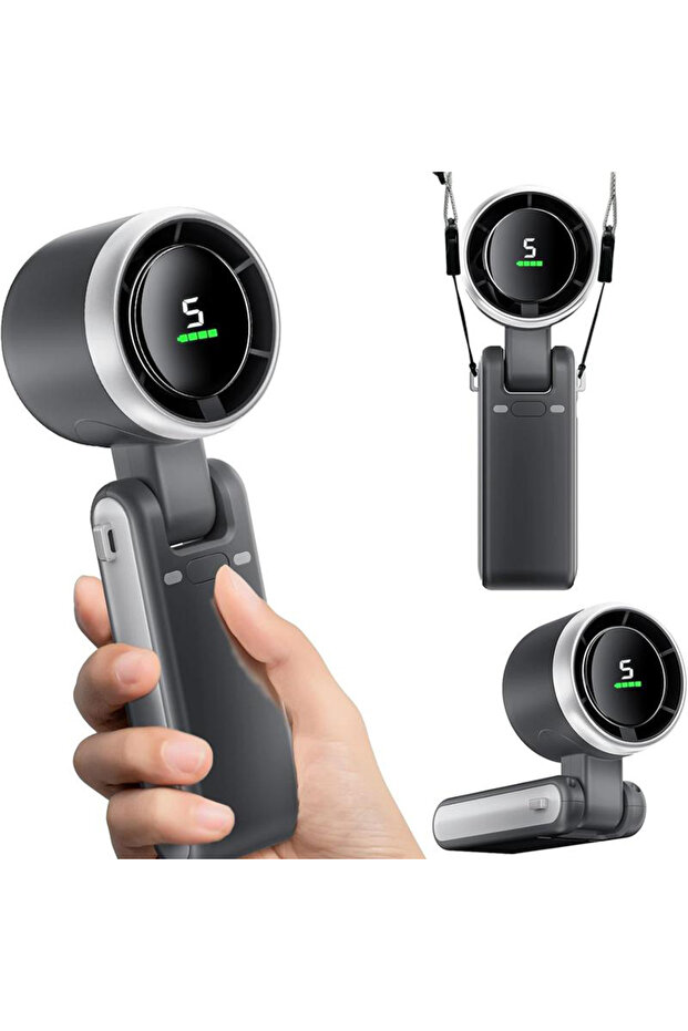 black Portable 3-in-1 Turbo Handheld Fan, 5 High-Speed Settings, 3600mAh Power, Digital Screen, Fold