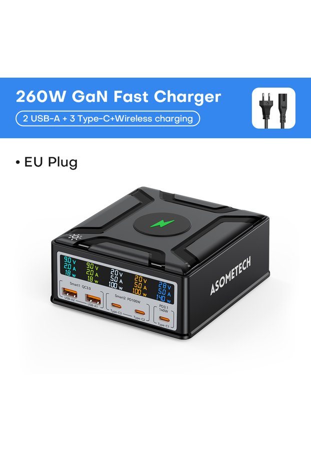 EU Plug 260W USB C GaN Charger QC3.0 PD3.1 140W USB Type C Fast Charger For Macbook Pro Tablet iPhon
