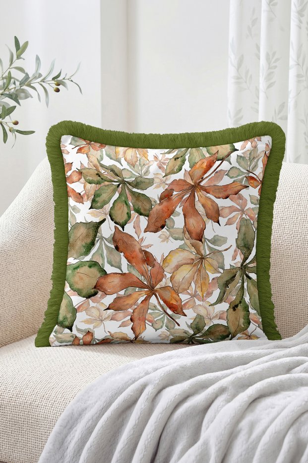 Watercolor Autumn Leaf Pattern Fringed Throw Pillow Cover - Bohemian Modern Tassel Pillowcase