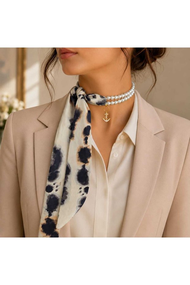 Pearl Necklace,Pearl Scarf Necklace,Scarf,Handbag Scarf,Handbag Charm,Multi-Purpose Accessory,Jewelry,Necktie,Ship Anchor Figured