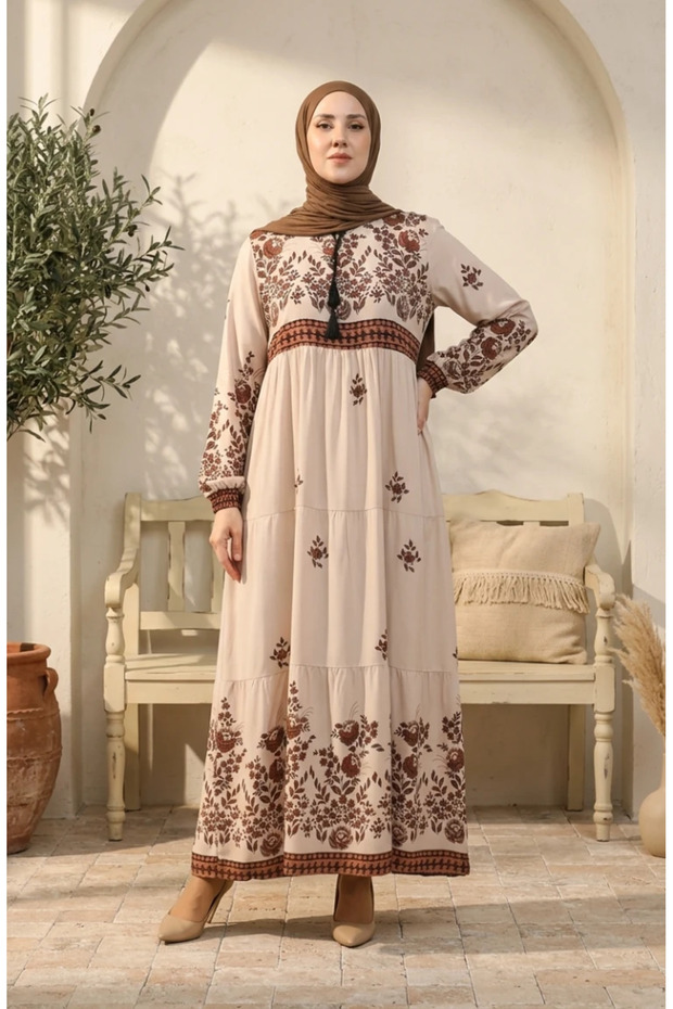 Large size floral patterned viscose dress 4084-02 beige