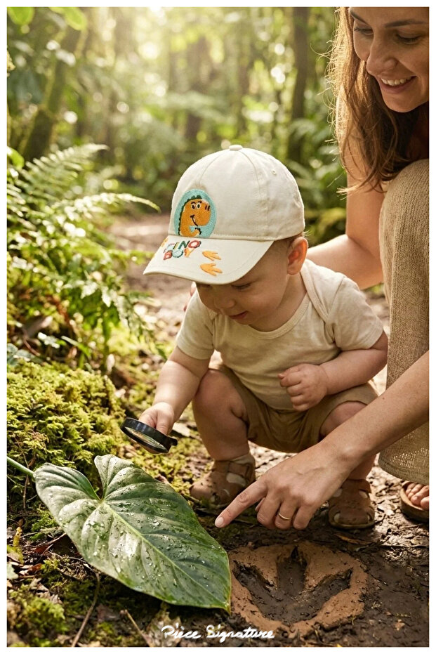 Modern Dinosaur Embroidered Baby Sun Hat - Cool and Protective - 0-18 Months (Size 44-46 cm)