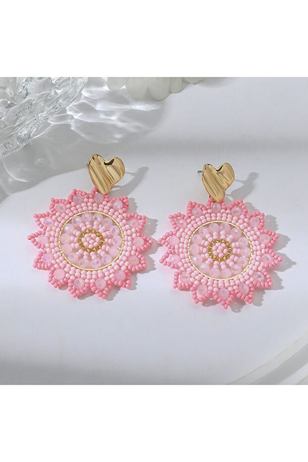 Pink Boho Trendy Irregular Heart Sunflower Seed Beads Drop Earrings for Women Elegant Handmade Multi