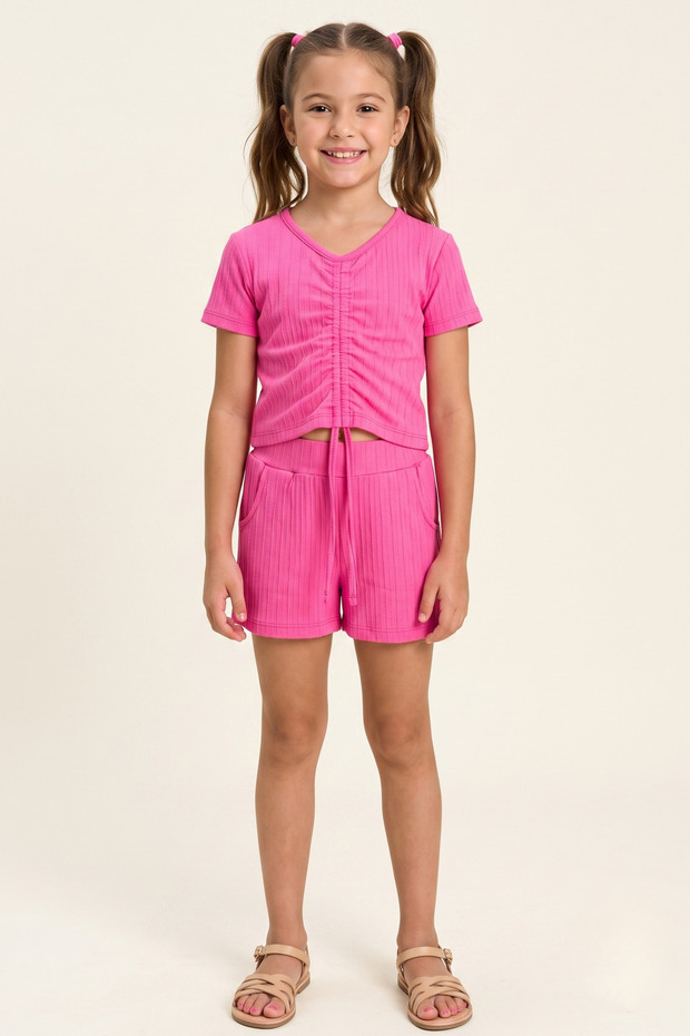 Girl's Shorts Set with Front Drawstring, Elastic Waist, Lace-Up, Combed Cotton Crinkle Lycra Fabric