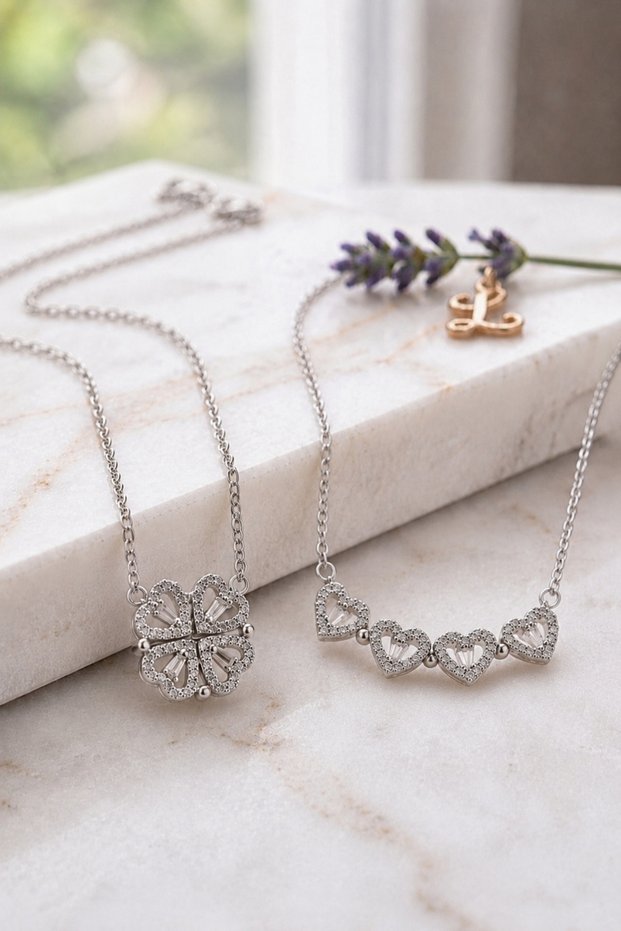 316L Steel Silver Magnetic Open-Close 4-Piece Heart and Clover Figured Vip Anti-Tarnish Necklace - Anti-Allergic
