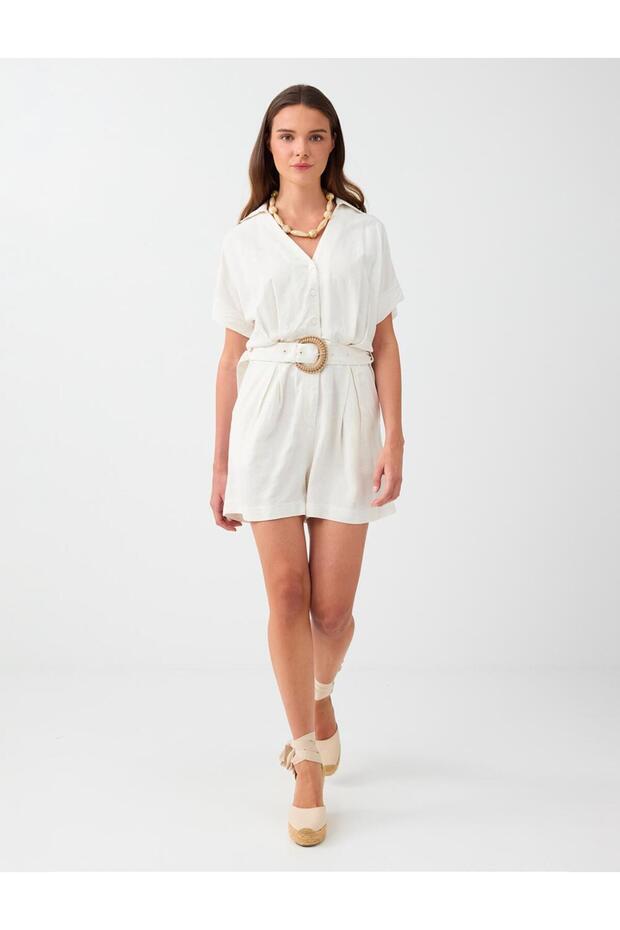 Beige Melange Belt Detailed Linen Blend Mini Jumpsuit