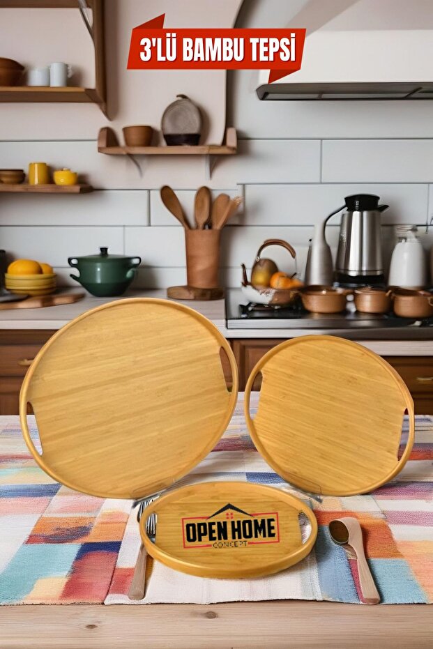 3-Piece Bamboo Oval Tray, Serving Trays, Scandinavian Tray Set, Tea Tray