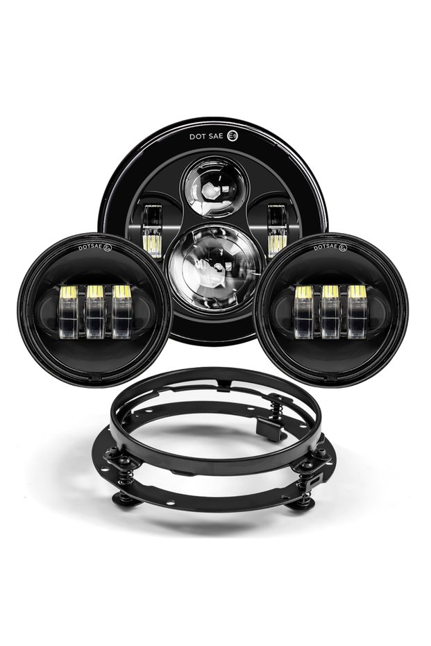 A Set Black 7inch LED Headlight +4.5inch Fog Lights 7"Bracket Mounting Ring Parts for Harley Touring