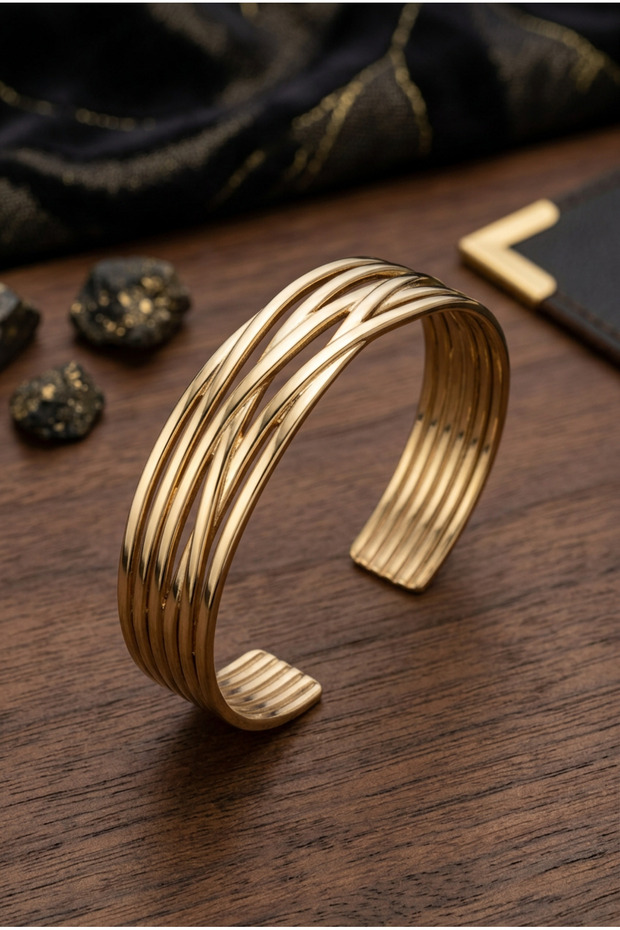 Minimalist Italian Style Laser Engraved Women's Cuff Bracelet with Cross Stripe Motif