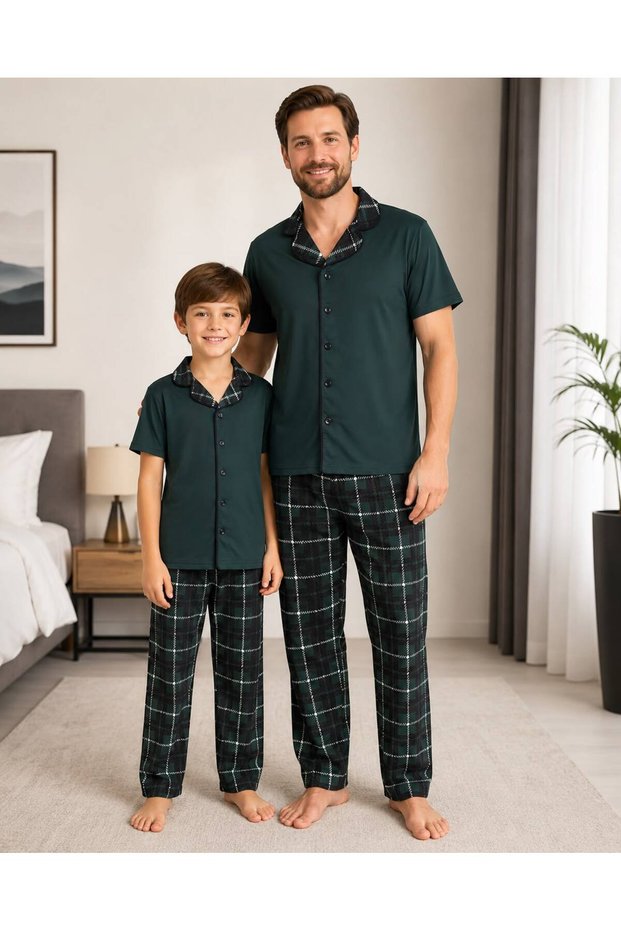 Father-Son Boy Cotton Milan Fabric Green Plaid Shirt Collar Buttoned Sleep Band Short Sleeve Pajama Set