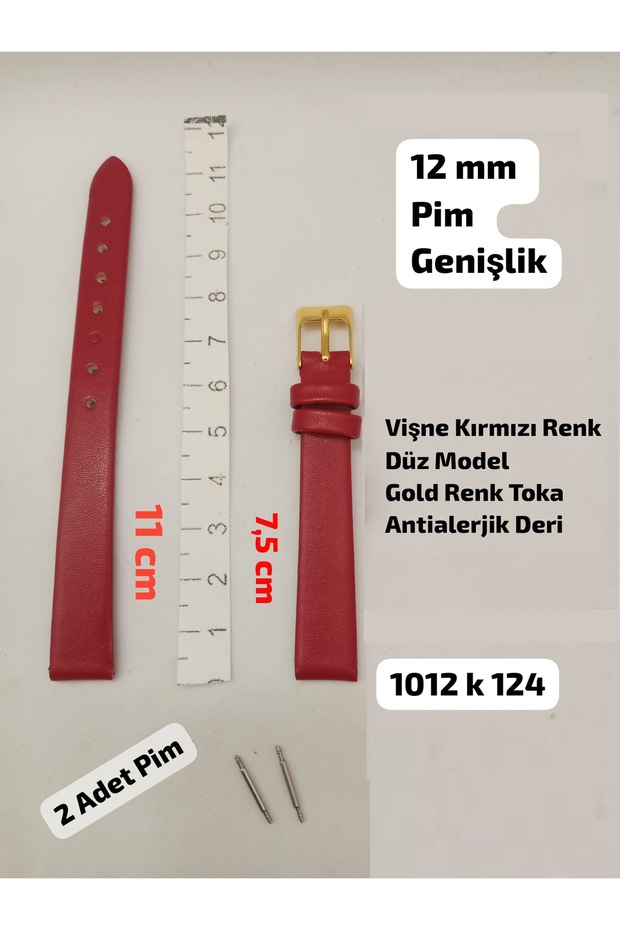 12 mm Compatible Watch Band - Cherry Red Color Plain Model - Gold Color Buckle, (Second Item in the Cart Is 100 Tl.)