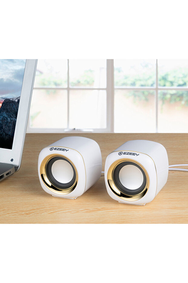مكبرات صوت صغيرة بيضاء اللون، سلكية ، بأسلاك USB، ثنائية، للكمبيوتر المحمول والكمبيوتر الشخصي، ستيريو محيطي، مضخم صوت، مدخل AUX