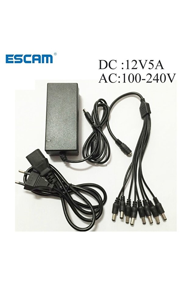 محول طاقة Escam DC 12V 5A بمقبس الاتحاد الأوروبي + 8 كابلات طاقة منفصلة لكاميرات المراقبة CCTV DVR Anal