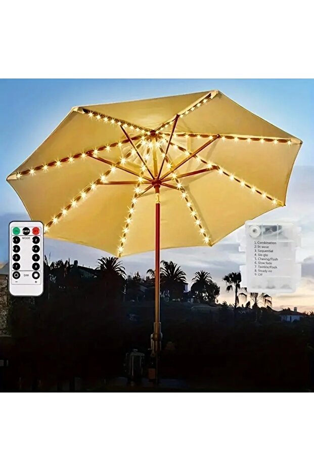 Warm White 104 LED Umbrella Lights Outdoor Lighting With Remote Control 8 Mode Battery Operated Wate