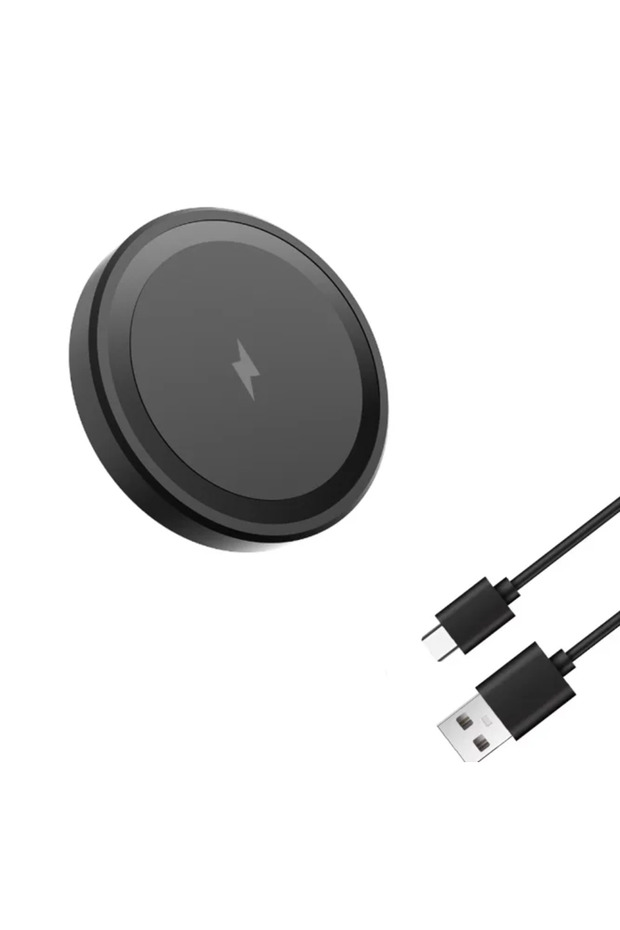 شاحن لاسلكي أسود رفيع للغاية بقوة 15 واط مع منفذ USB، لوحة شحن سريعة بتقنية Qi بحجم مدمج 6 سم، خفيف الوزن