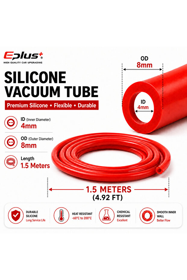 Red-1.5M-ID 4MM EPLUS Universal 1.5 Meters Red Blue Black Silicone Vacuum Line ID 3mm-12mm Heat Resi