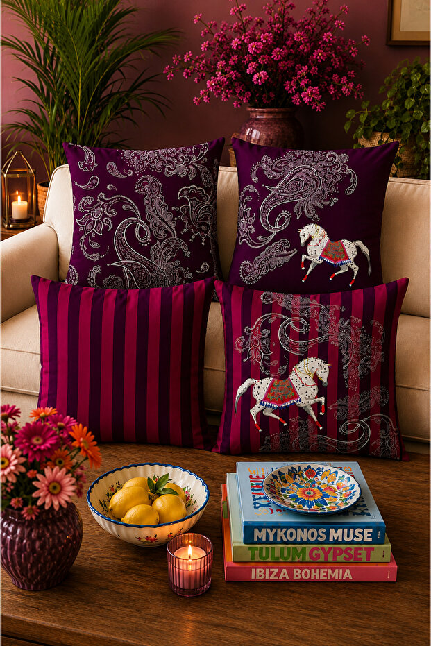Purple decorative pillow cover set of 4 with horse figure and shawl pattern 43x43 cm