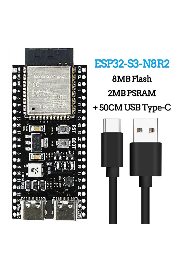 لوحة تطوير وحدة واي فاي وبلوتوث ESP32-S3 مع كابل، متوافقة مع بيئة تطوير أردوينو المتكاملة (IDE)، طراز S3-N8R2، رقم الموديل: ESP32-S3 N16R8 N8R2 44P