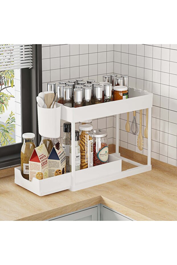 White 2-Tier Pull Out Under Sink Organizer, Storage Rack with Hooks & Cups, Space Saving Slide-Out S