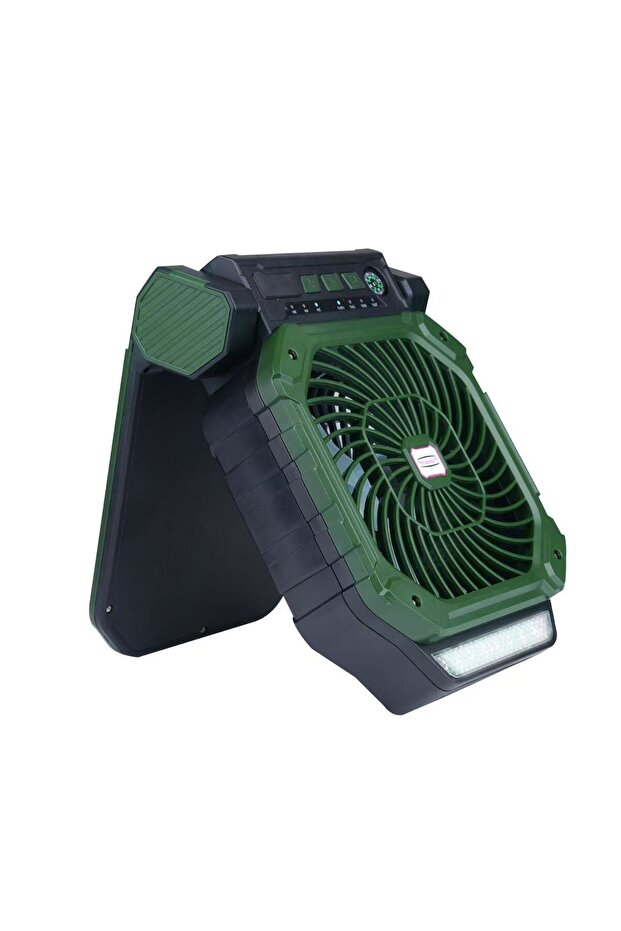 Green Solar Portable Fan 4-Speed with LED, USB, Timer & Built-in Compass for camping, hiking, tent u
