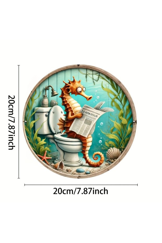 1PC Seahorse Reading Newspaper in the Toilet Theme Round Wooden Home Kitchen Garden Club Garage Offi