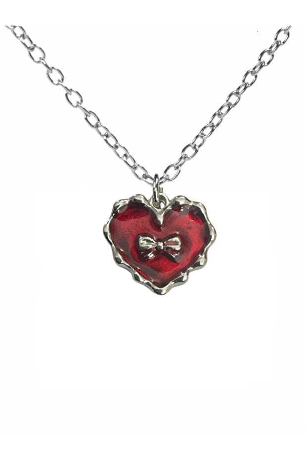 Unisex Necklace with Red Heart Bow Figure – 60 cm Chain, Elegant and Romantic Design