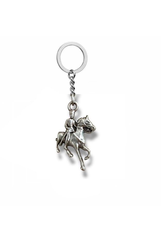 Metal Keychain with Atatürk Figure on Horse – Silver Color Unisex National Accessory