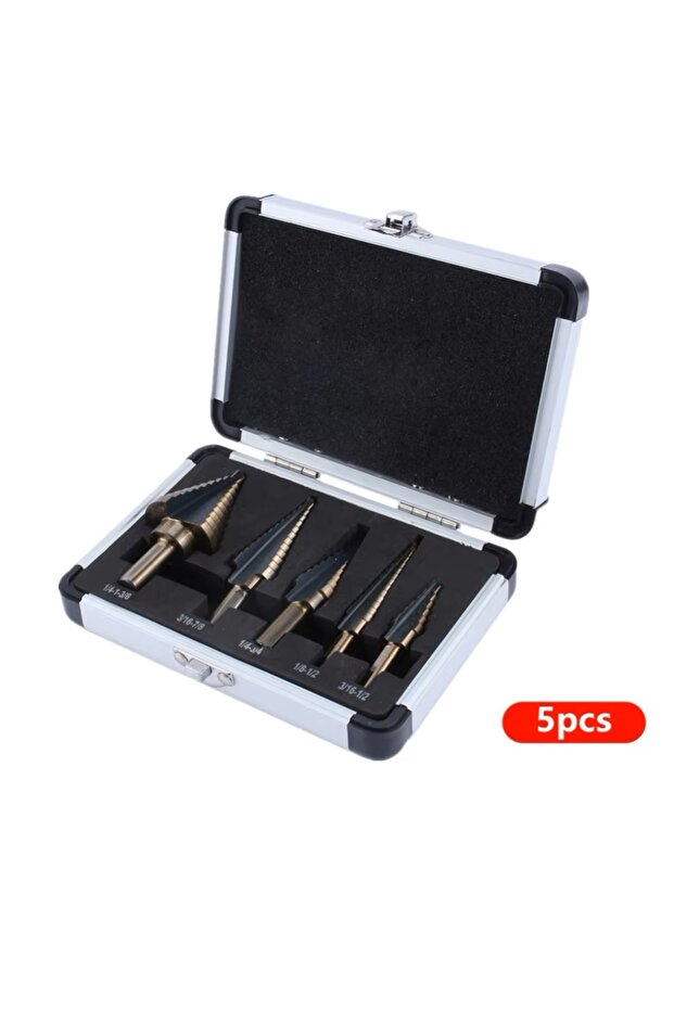 With box 5Pcs Step Drill Bit Straight Groove Pagoda Hole Cutter Metal Cone Drill Bit Hole Opener Alu