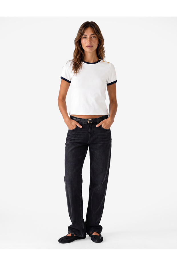 Color Contrast Button Detailed Short Sleeve Crew Neck T-Shirt