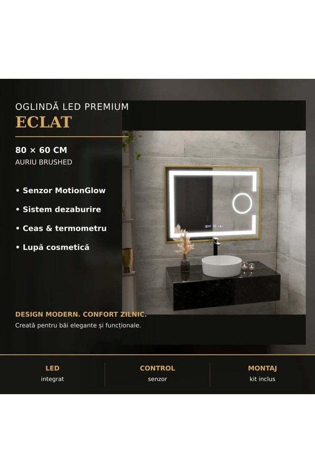 Rectangular LED Mirror, 80x60cm, Eclat MotionGlow Marcello, Defog System, Clock & Thermometer,