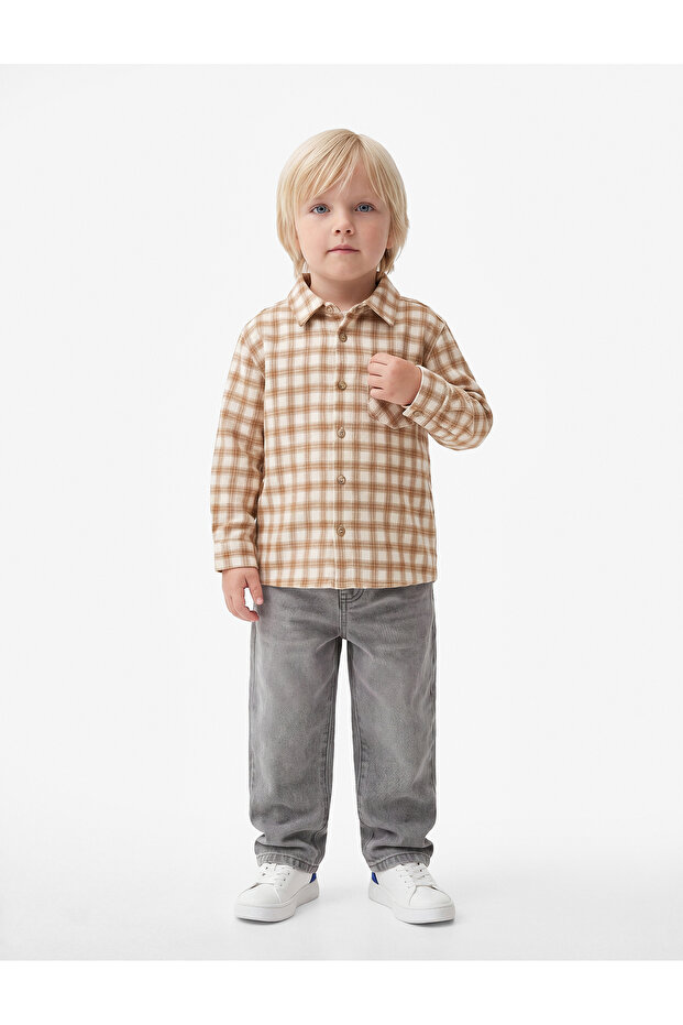 Long Sleeve Cotton Plaid Shirt with Pocket Detail