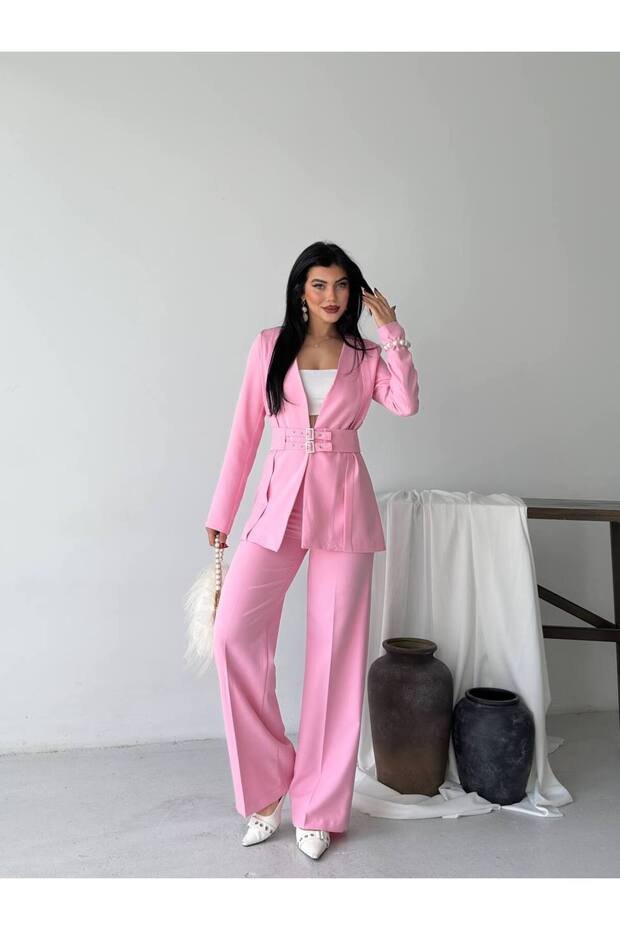 Kadın Kemerli Blazer Pantolon İkili Takım Pembe - 5