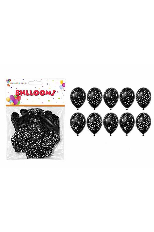 10-Piece Star Patterned Black Party Balloons – Printed Latex Balloon Set Eng-1109