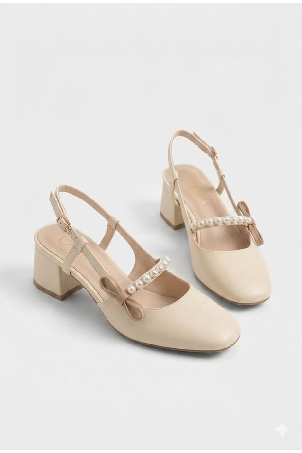 Women's Beige Skin Stripe Pearl Heeled Shoes