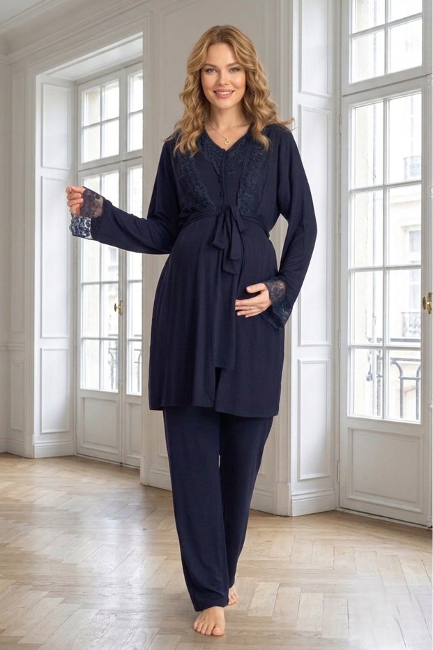 New Season Navy Blue Maternity Summer Lace Detailed 100% Cotton Short Sleeve Dressing Gown Pajama Set