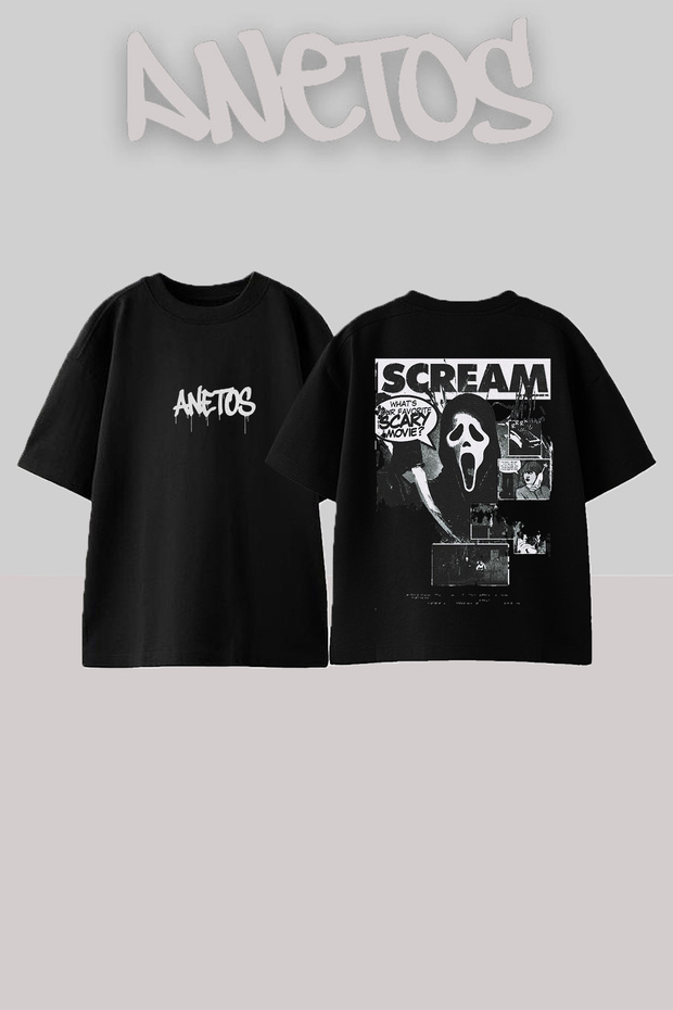 Scream Movie Design Back Printed Cotton Black Oversize T-Shirt