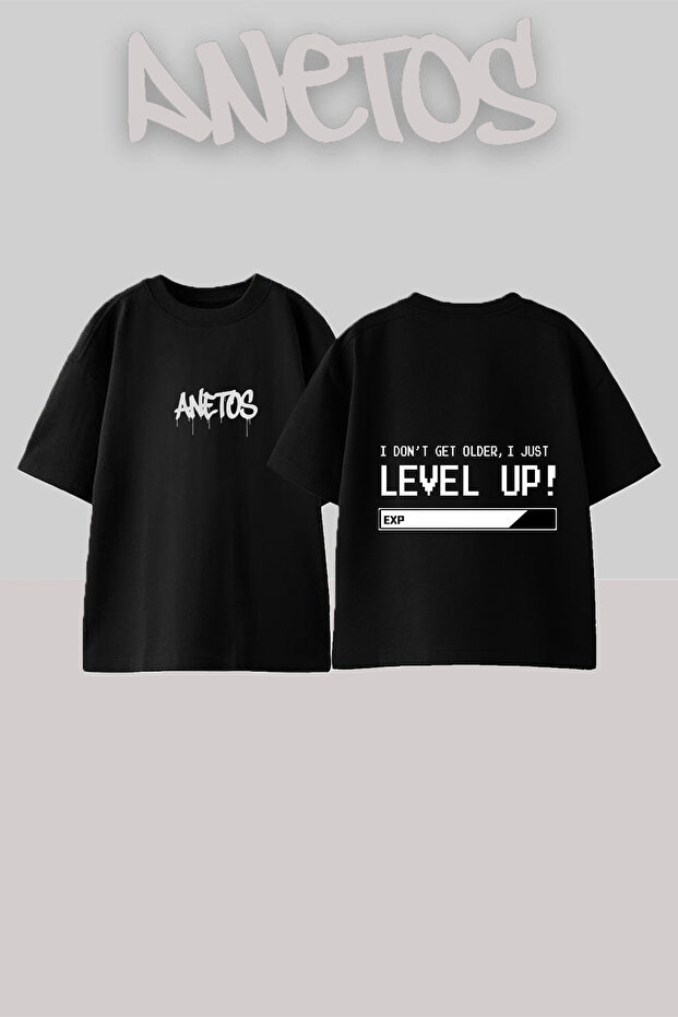 تي شيرت قطني أسود كبير الحجم بتصميم Level Up Design مطبوع من الخلف