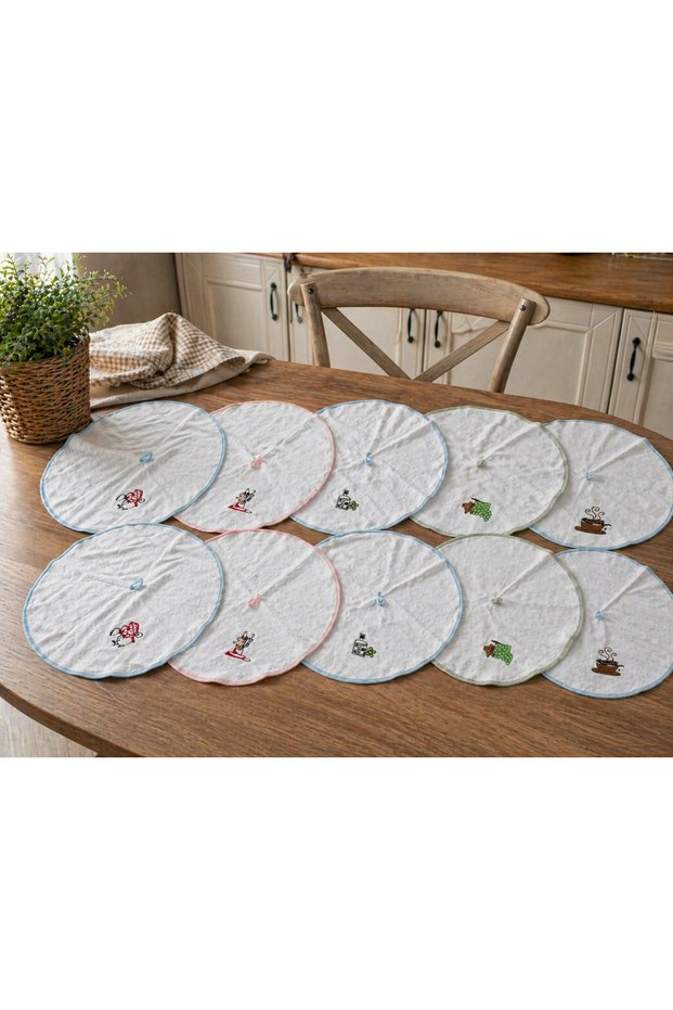 Set of 10 Round Kitchen Towels 50 cm – Embroidered, Cotton, Super Absorbent, Economical Drying Cloth Set