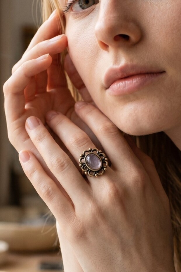 Pink Quartz Copper Ring Adjustable Retro Trend Natural Stone
