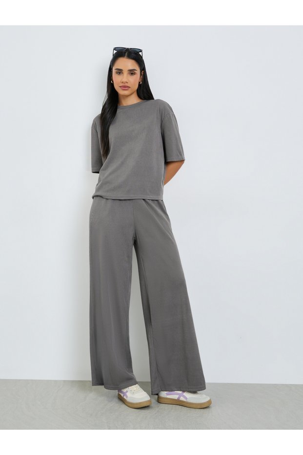 Charcoal Ribbed T-Shirt and Wide Leg Joggers Co-Ords