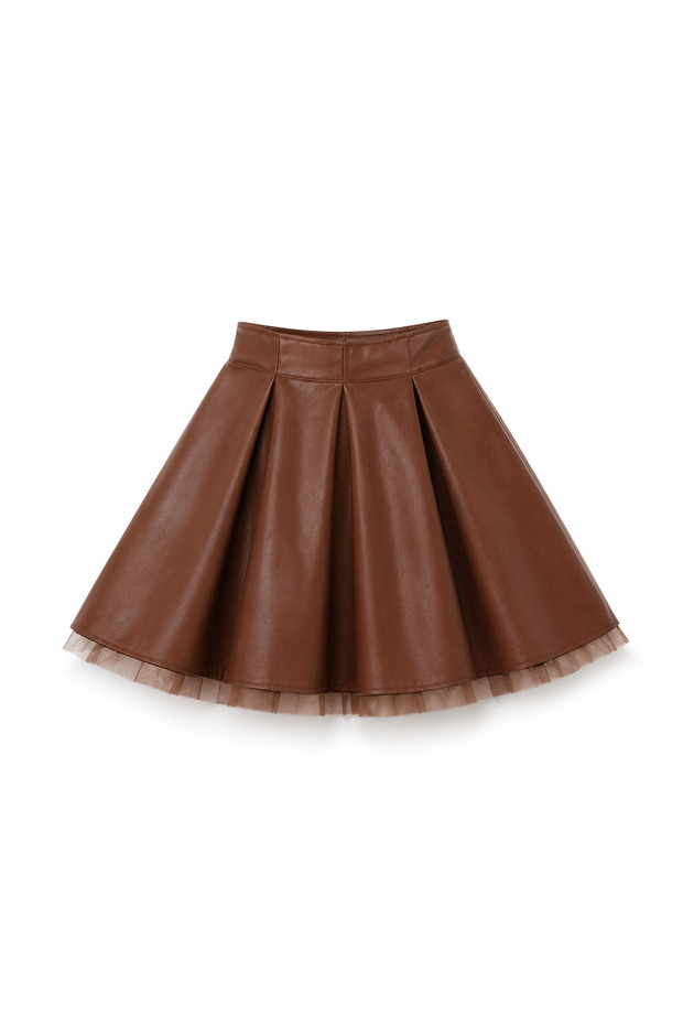Girl's Leather Look Flared Skirt with Tulle Detail, Brown, Ages 5-13