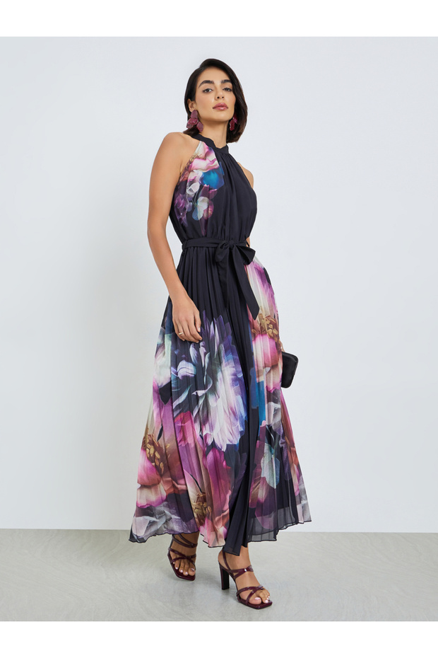 Navy Blue Floral Print Pleated A-Line Maxi Dress