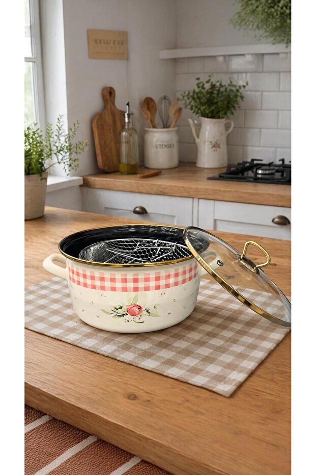 Rosa Series Enamel Frying Pan with Glass Lid and Strainer, Double Handle - 24 cm