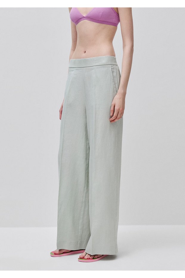 Women's Aqua Green 100% Linen Palazzo Trousers with Side Pockets and Elastic Waist at the Back