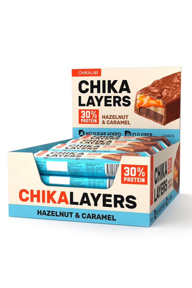 Chika Layers Chocolate Protein Bar with Hazelnut and Caramel No Sugar Added 12x60g