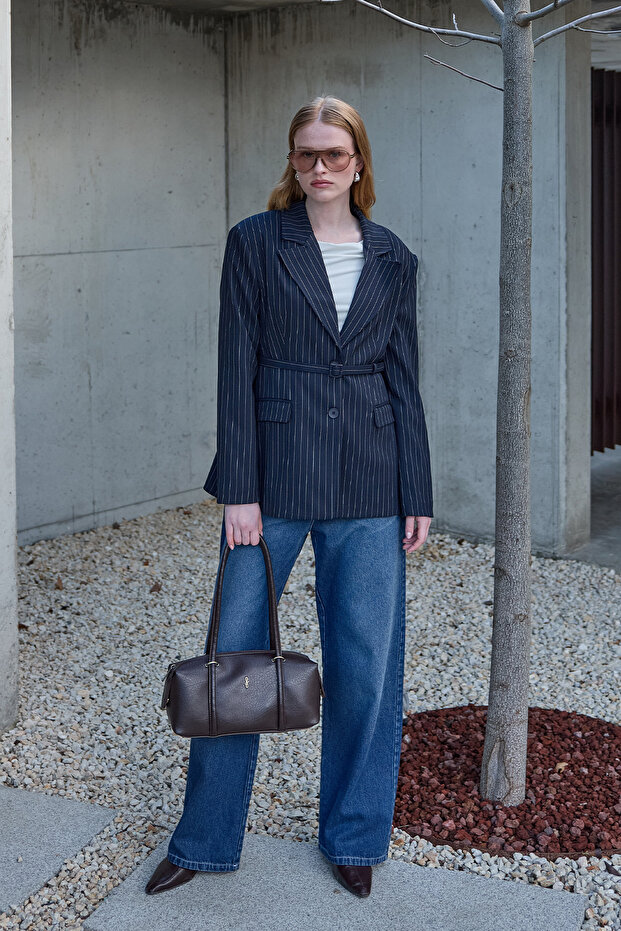 Striped Pencil Blazer Jacket Navy Blue