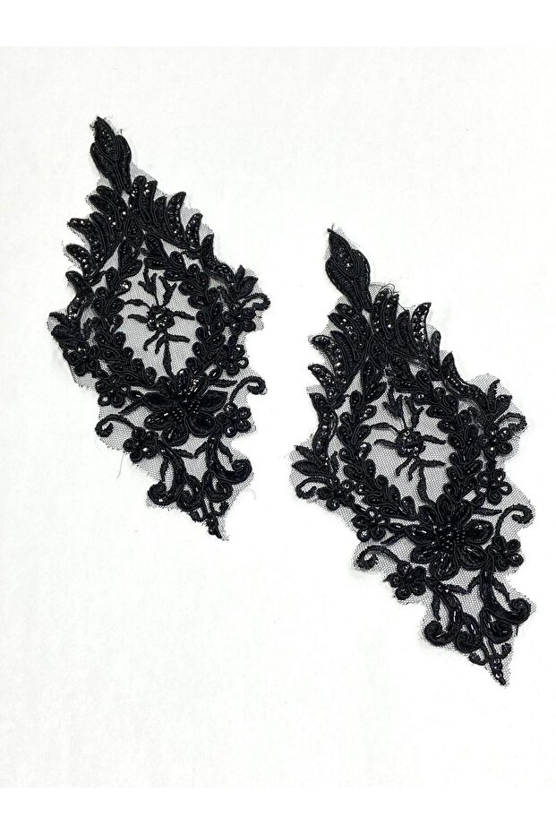 Black Beaded and Sequined Embroidery / Guipure Lace Applique / Set of 2 / Df373