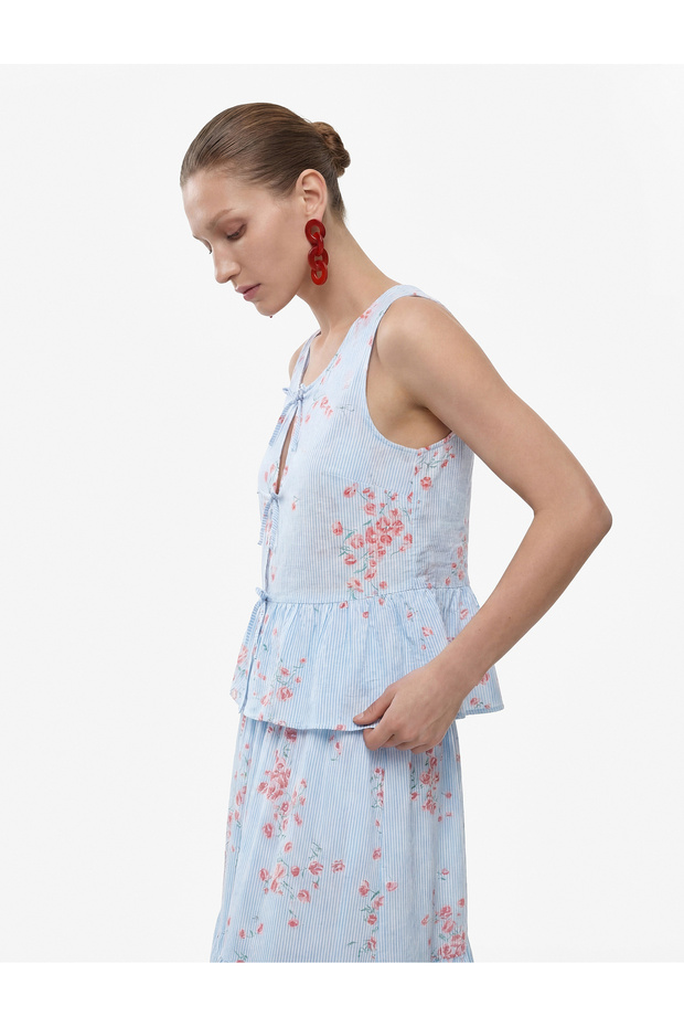 Round Lace-Up Neckline Bow Sleeveless Striped Floral Ruffle Peplum Blouse