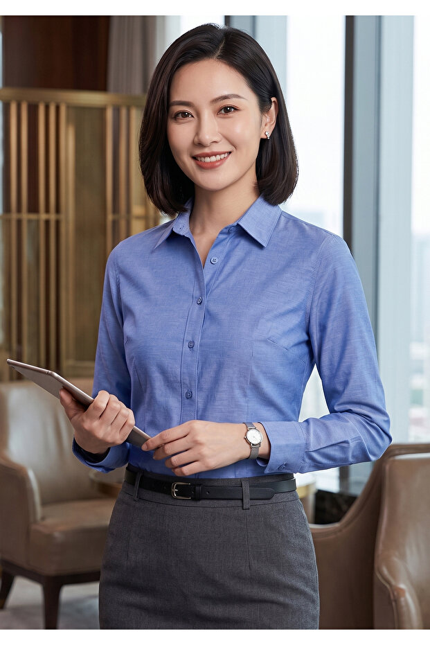 Light Blue Slim Fit Basic Women's Shirt with Pockets at the Waist